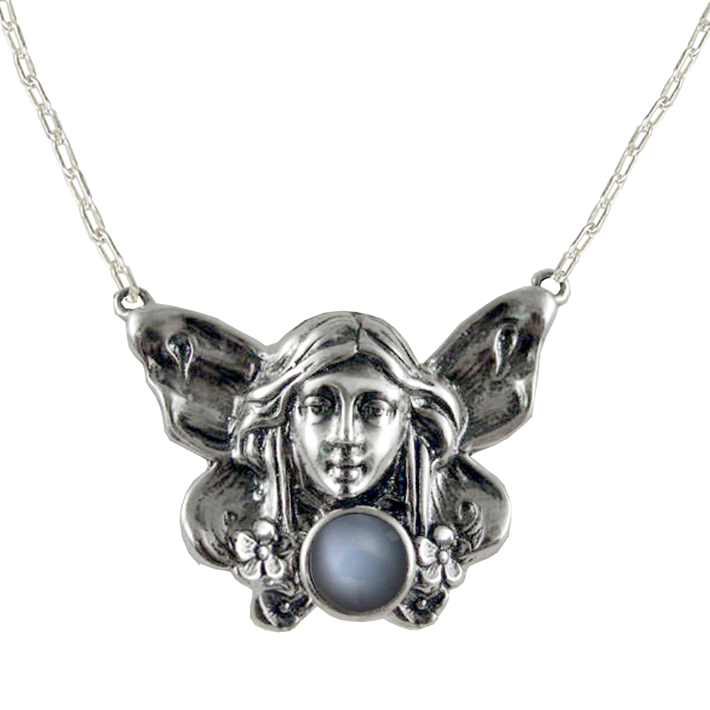 Sterling Silver Winged Fairy Aromatherapy Pendant Necklace With Grey Moonstone